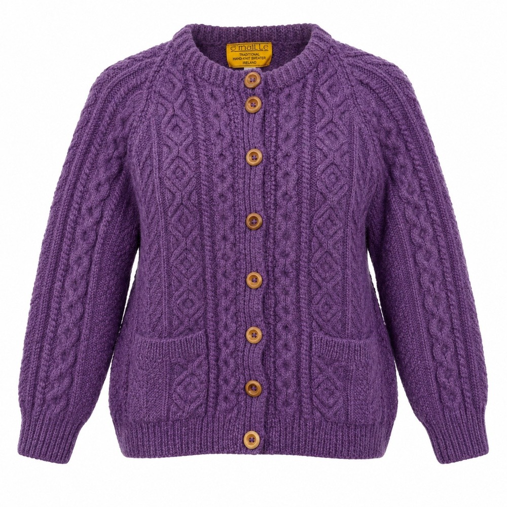 O'Maille Ireland Hand Knit Wool Cable Cardigan Purple Wood Button Sweater Womens
